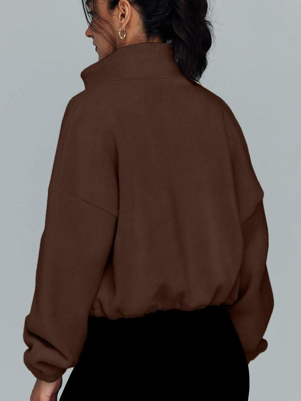 Women's Solid Zip Up Drop Shoulder Polar Fleece Jacket, Casual Long Sleeve Stand Collar Outerwear for Fall & Winter, Ladies Clothes for Daily Wear